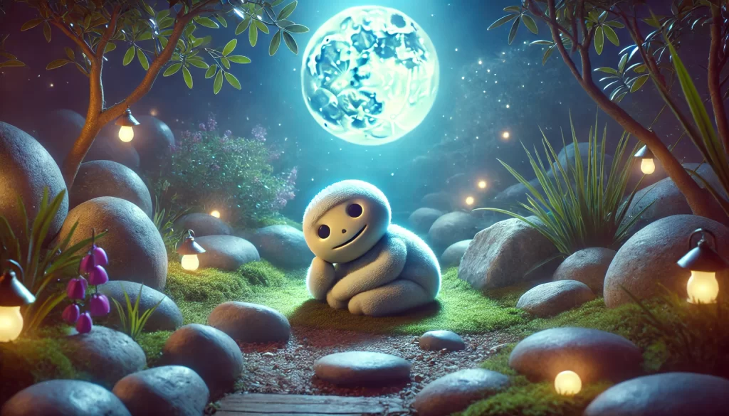  Makka Pakka rests peacefully in a moonlit garden, reflecting calm amidst the "Makka Pakka Death" rumors.