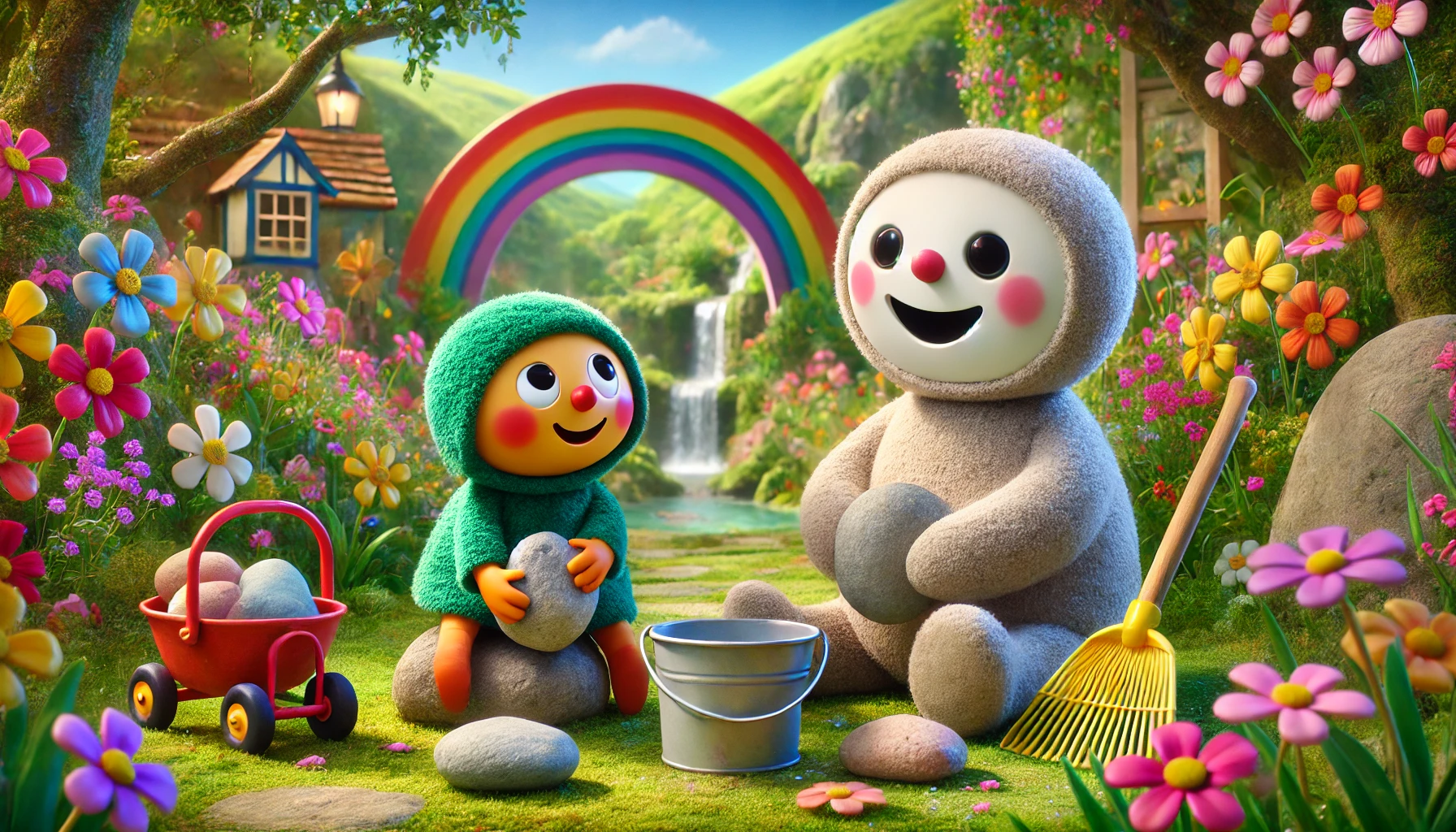 Makka Pakka happily cleans stones in a colorful garden, surrounded by flowers, representing his peaceful nature despite the "Makka Pakka Death" rumors.