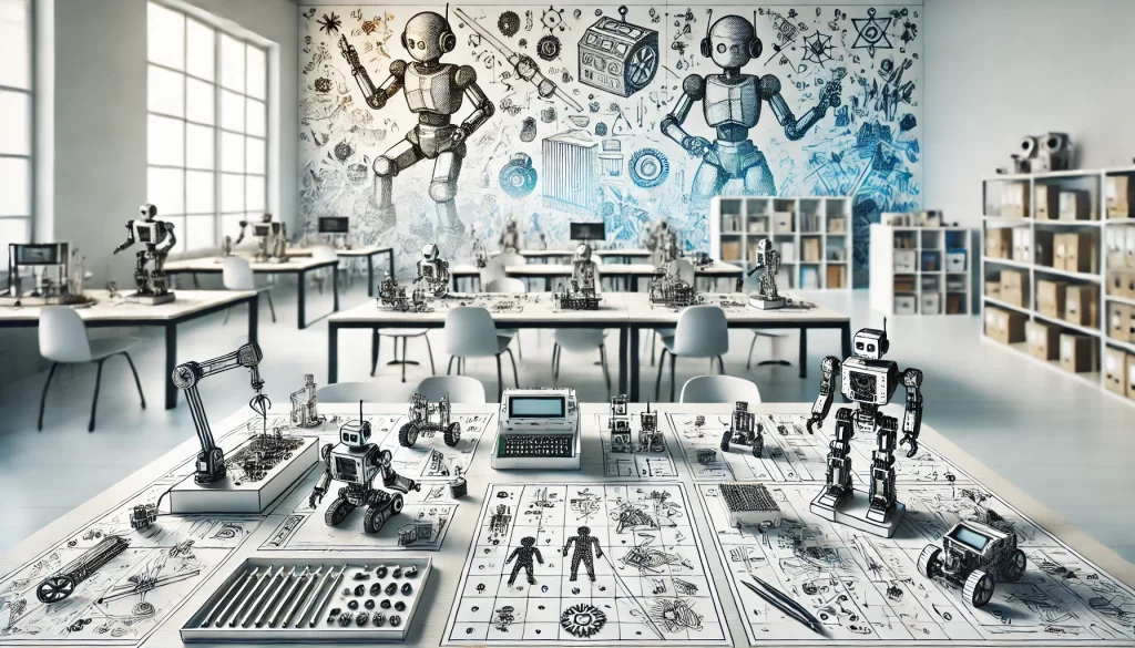 A futuristic workshop filled with robot blueprints and models, featuring various robot designs, tools, and a creative environment, titled "Robots Dot to Dot Nattapong."