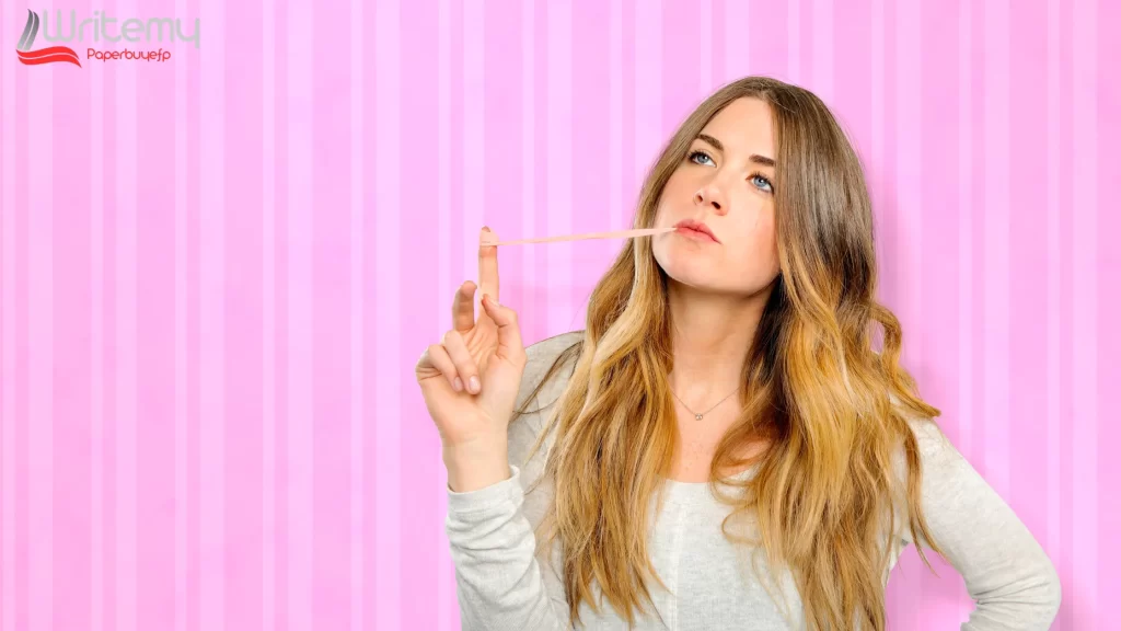 "Can you chew gum with braces? Woman thoughtfully stretching gum while considering dental health."