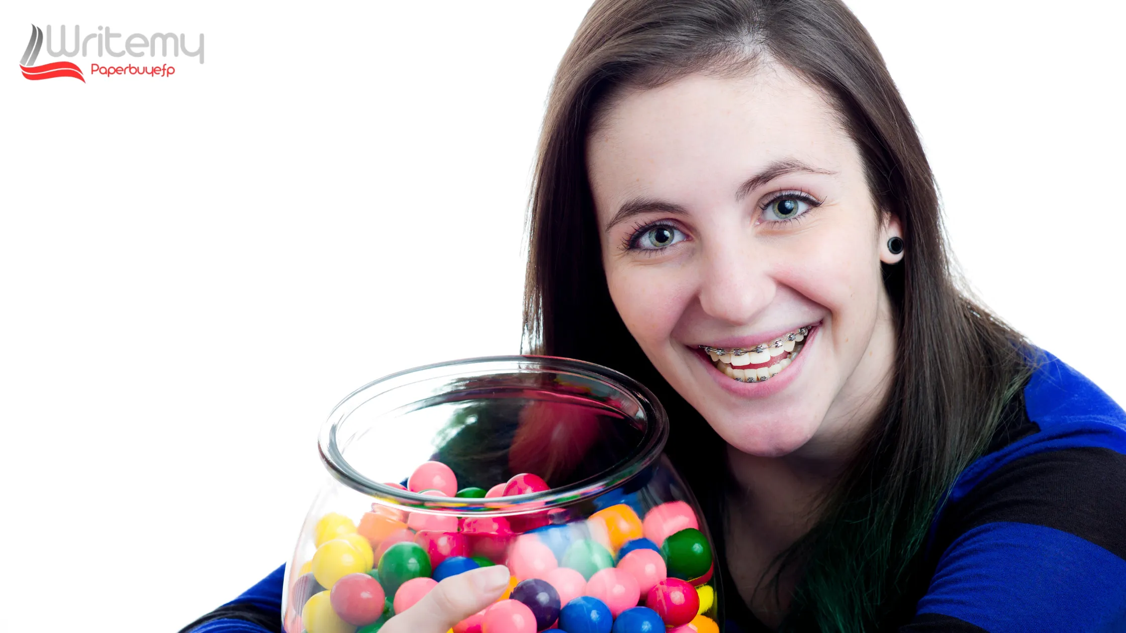 "Can you chew gum with braces? Smiling girl with braces holding a jar of colorful gum balls."