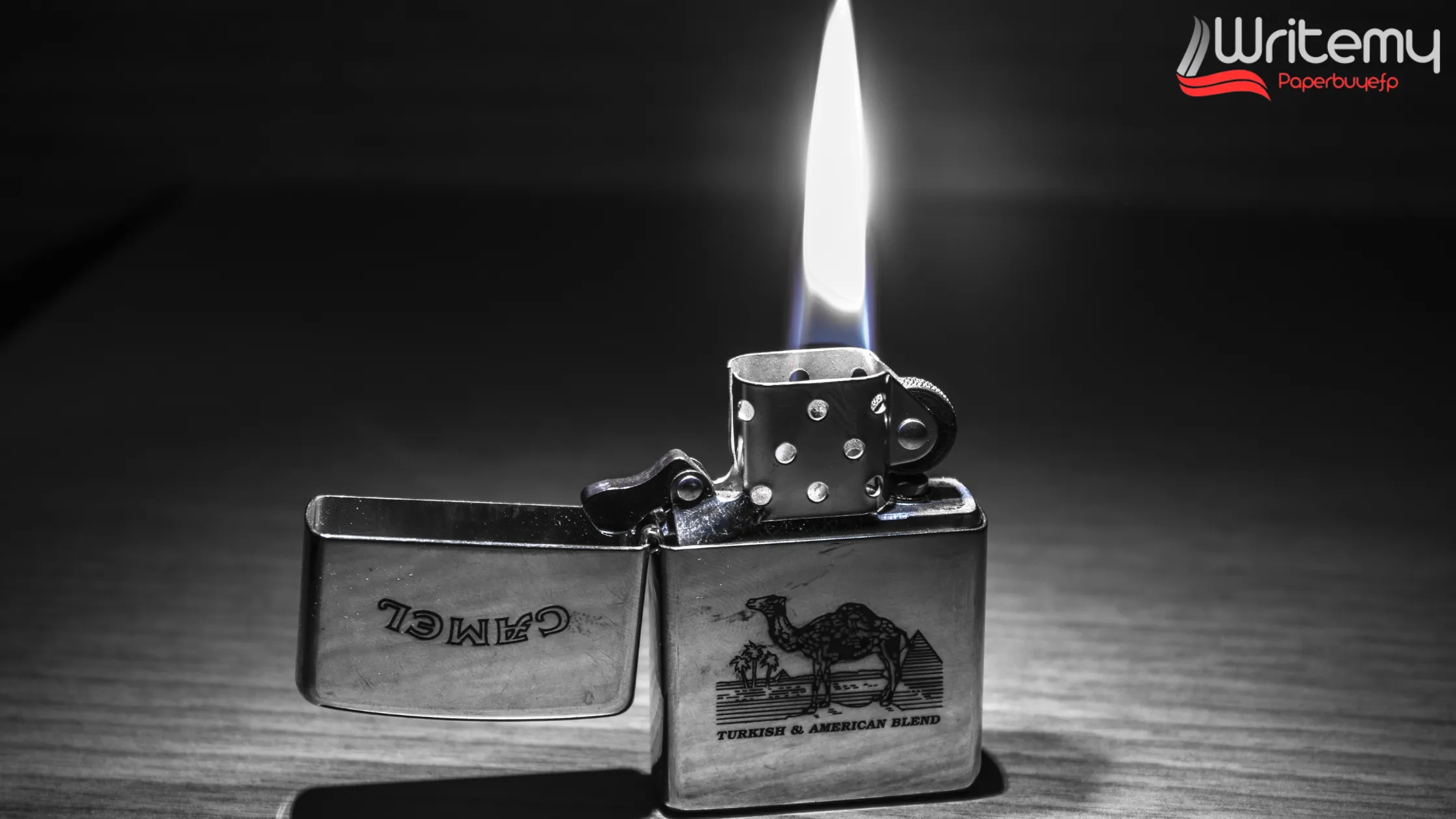 A Camel-branded metal Zippo lighter with a bright flame lit in a dark background. Can You Use Zippo Lighter Fuel as a Lubricant explored in this image context.