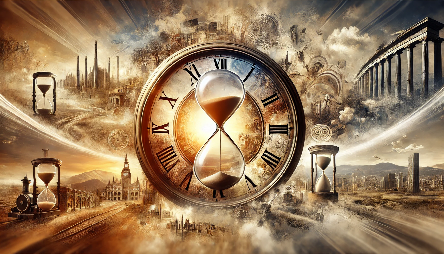 An hourglass and historical cityscapes symbolizing the passage of time, illustrating how long a century spans.