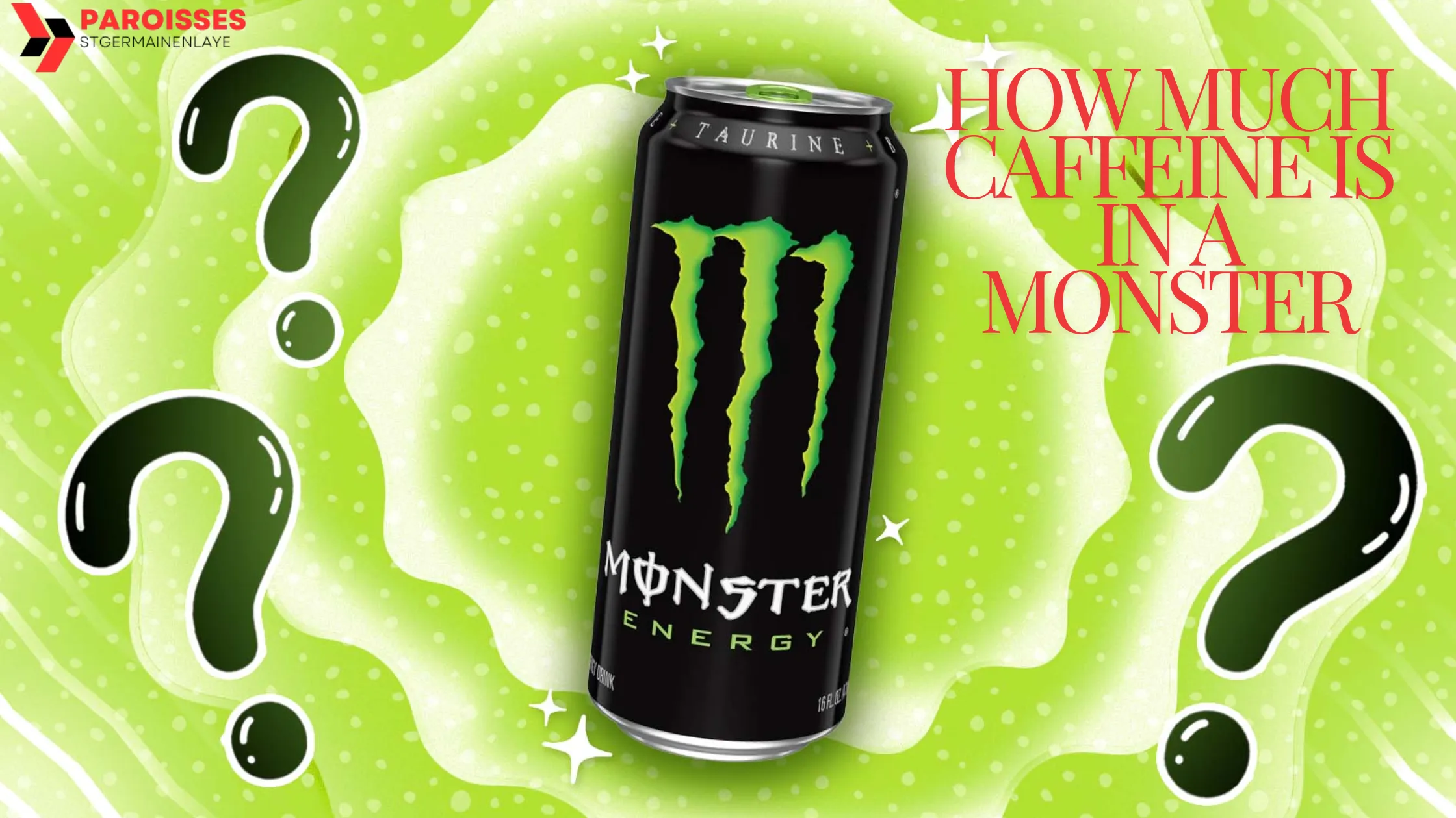 Monster Energy can with a question mark background, asking how much caffeine is in a Monster.