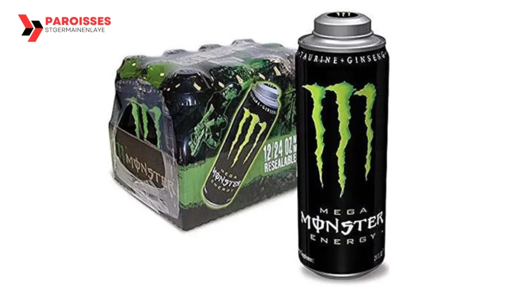 Pack of Mega Monster Energy cans with a 24 oz size, illustrating how much caffeine is in a Monster.